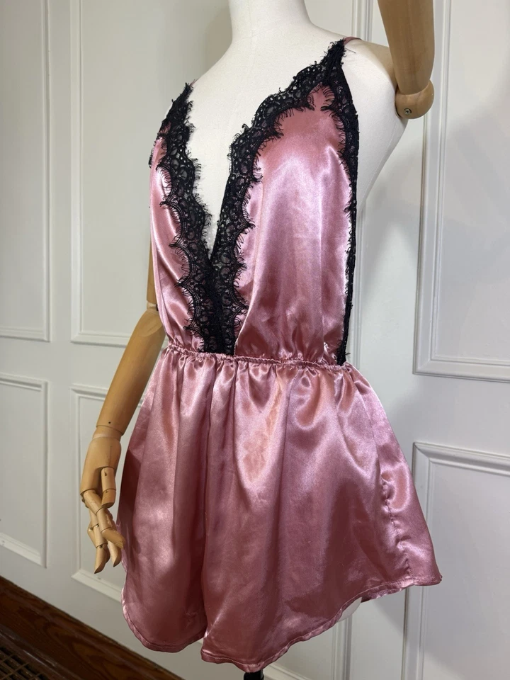 Pink Satin Romper With Black Lace Trim And Open Back, No Tag Size XL - Image 2 of 4