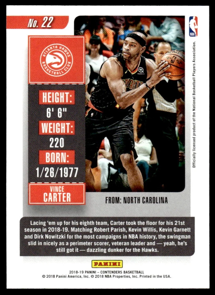 2018-19 Panini Contenders Vince Carter #22 Atlanta Hawks - Image 2 of 2