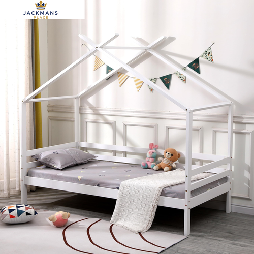 SlumberWorx Teddy Kids Wooden House No Mattress, White Guest Trundle