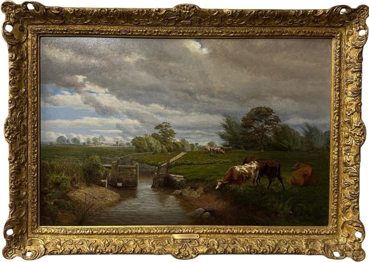 Henry Birtles 1853 Antique Oil Painting River Landscape Cattle Lock Gates