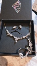 Diamond Simulants Silver Tone Jewelry Set Necklace Earrings Ring Simulated Diam