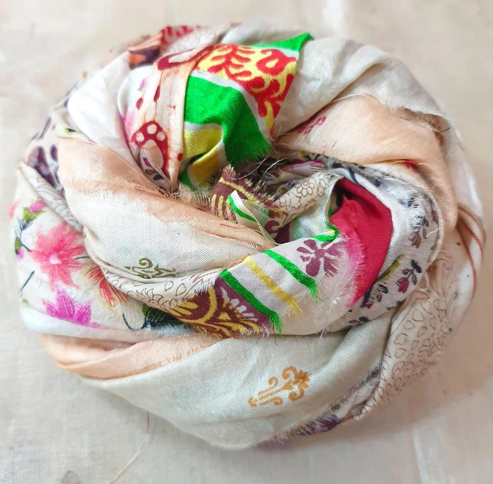 21 Yards Unstitched Sari Silk Yarn Ribbon Tassels SKEINS Beige Cream Journal Scr - Image 2 of 4