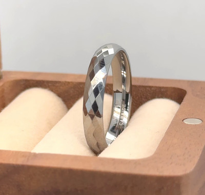 4MM Silver Tungsten Valentine Ring For Women  Faceted Domed Polished Edges Band