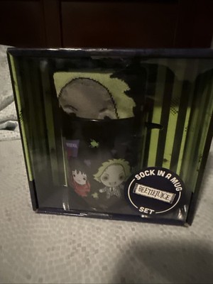BEETLEJUICE Here Lies: Gift Set Bundle Sock, 1 Sticker, Coffee Mug 17OZ 