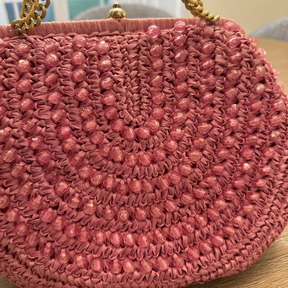 VTG Frances Hirsch Pink & Gold Clutch Purse With Inside Pocket Beaded - Image 3 of 4