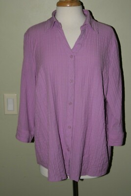 Basic Editions Shirt VNeck Buttons Textured L/S Purple Sz 1X Ret $24
