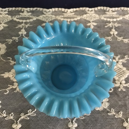 Early Vintage Fenton Blue Milk Ruffled Hobnail Bridal Basket Clear Glass Handle - Picture 2 of 5