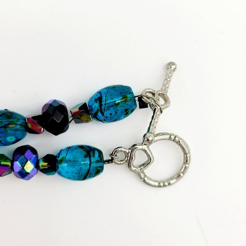 Artisan 31" Blue Splattered Glass Beaded Necklace Black Electroplated Beads - Picture 7 of 7