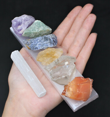 7 Chakra Natural Rough Stone Set + 6'' Polished Selenite Plate + Directions