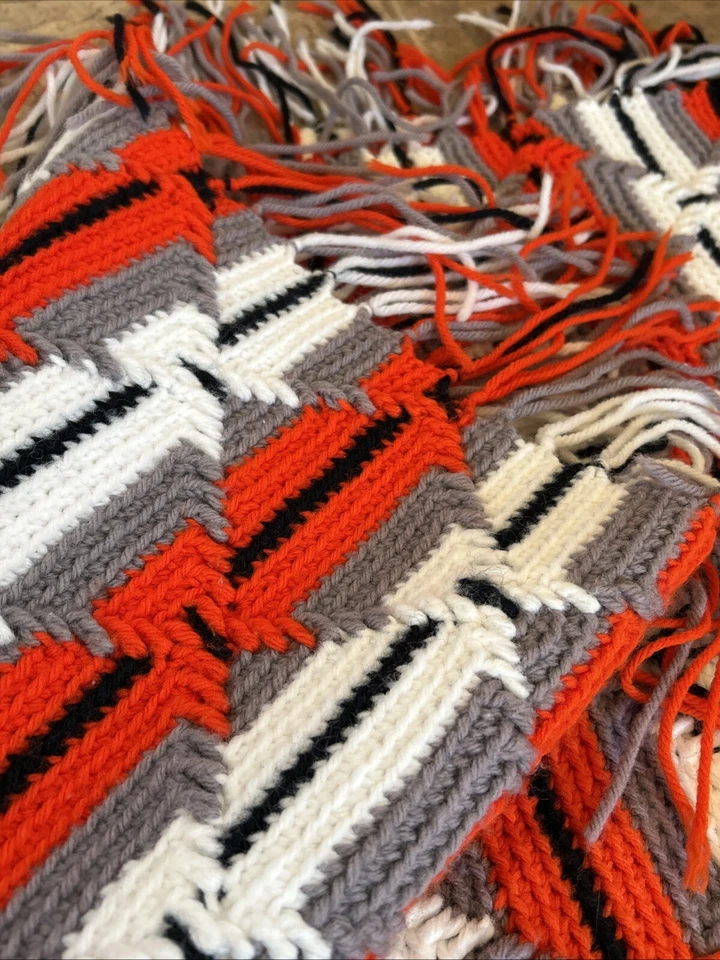 VINTAGE Blanket Throw 50” x 66” Handmade Orange Black Gray Fringe Stripe Diamond - Image 3 of 4