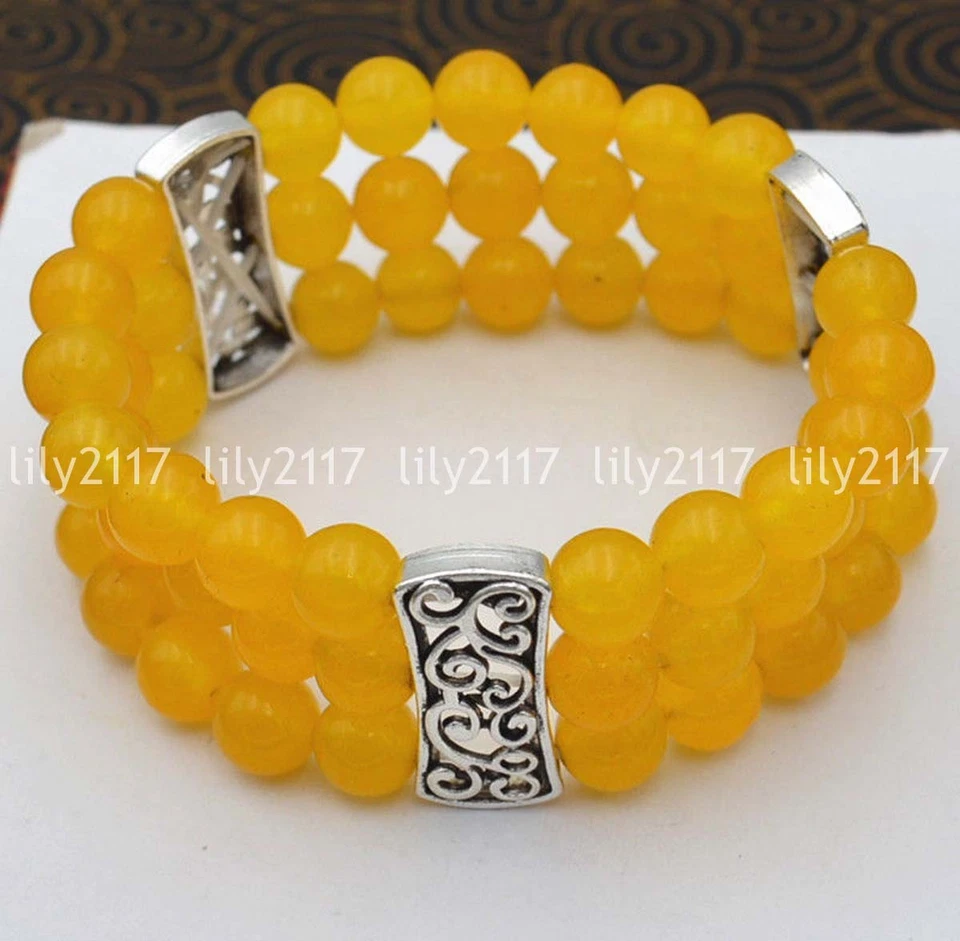 Brazalete de gemas de plata tibetana elástica cuentas jade amarillo natural 3 filas 8 mm 7,5"" Foto 2 de 3