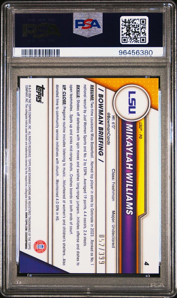 Mikaylah Williams 2023-24 Bowman U Chrome Purple Mini-Diamond /399 #4 PSA 10 - Image 2 of 2