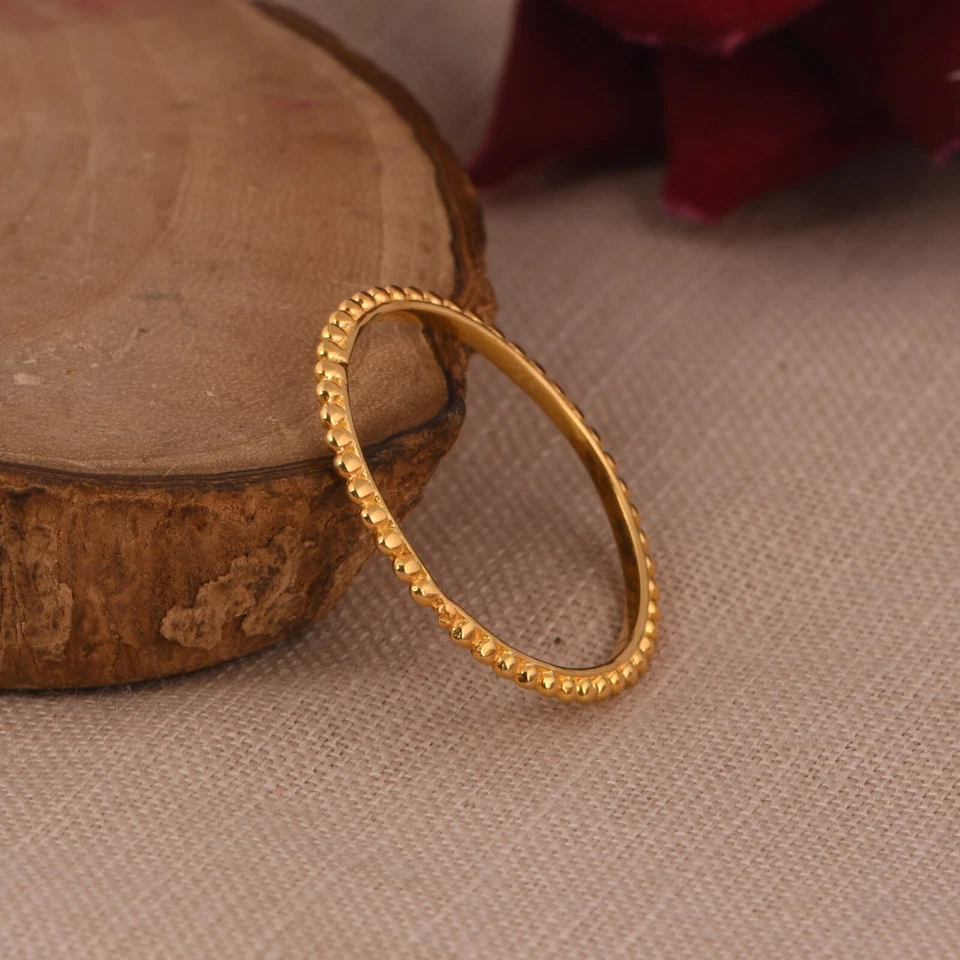 Yellow Gold Plated Beaded Stacking Ring 925 Silver Ball Eternity Band For Women - Image 2 of 4