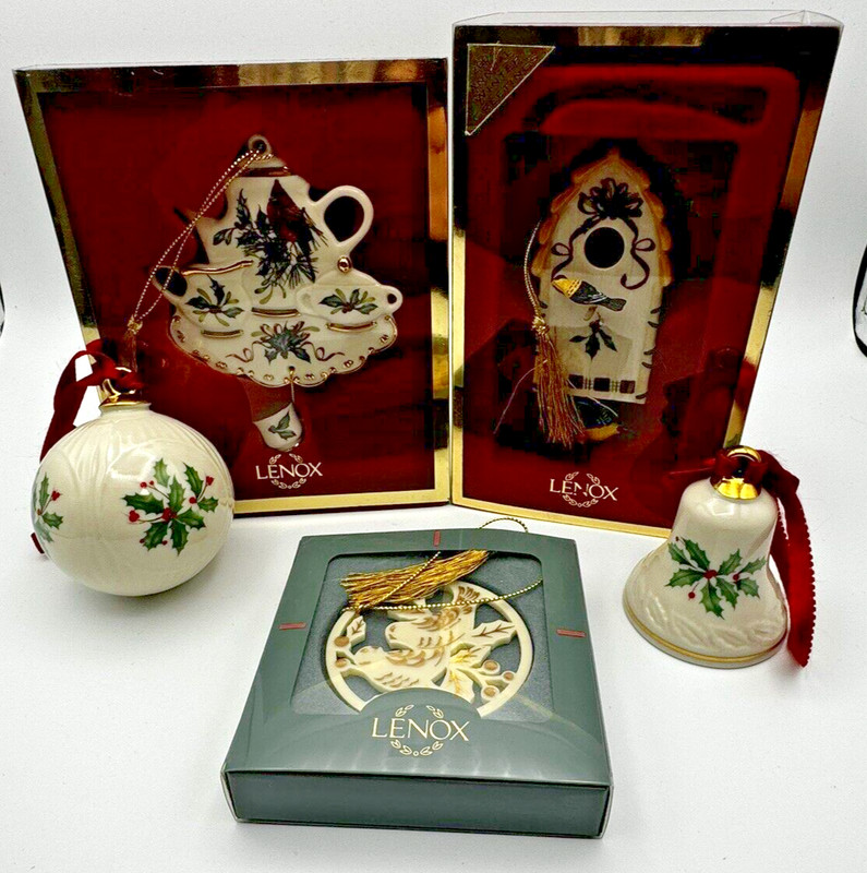 Bell, Birdhouse, Teapot, Lovebirds, Ball Lenox Christmas Ornament Lot of 5