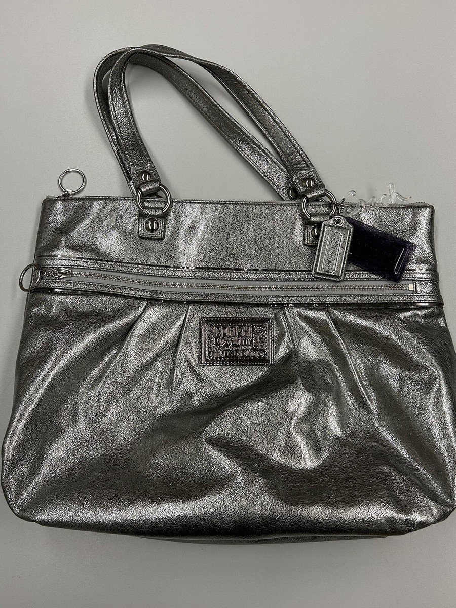 Coach Poppy Leather Silver Metallic Glam Pleated Purse Tote