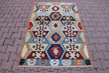 Scandinavian Handwoven Blue Kilim Ethnic Turkish Rug Anatolian Carpet 4x6ft