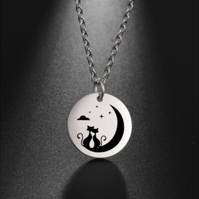 Two Cats Moon Stars Love Heart Necklace for Women Couples Pendant Necklace