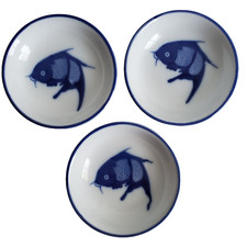 Chinese Koi Fish Sauce Dishes Shallow Bowls Feng Da Style Blue White Vintage Lot