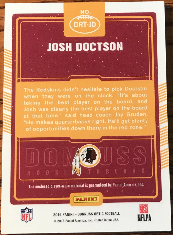 2016 Donruss Optic Rookie Threads PINK Josh Doctson DRT-JD Washington Redskins - Image 2 of 2