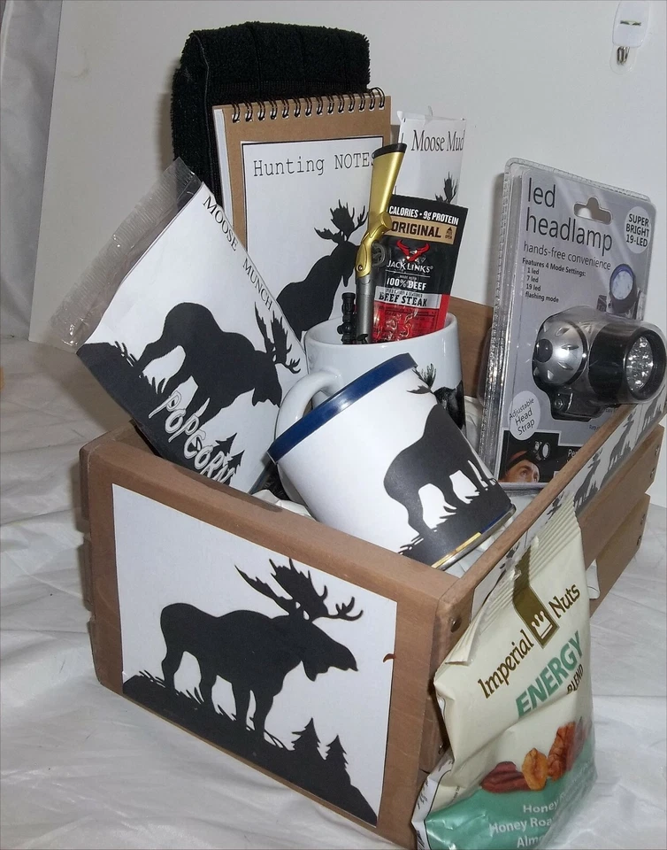 Black Moose Wood Crate Gift Basket Lodge Led Headlamp Men Hunters Rifle Pen Nuts - Image 4 of 4