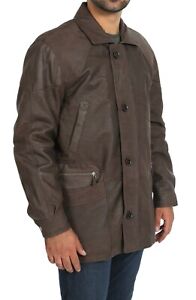 Mens Leather Parka Car Coat Classic Overcoat Mid Length Jacket Jason Brown Nubuck