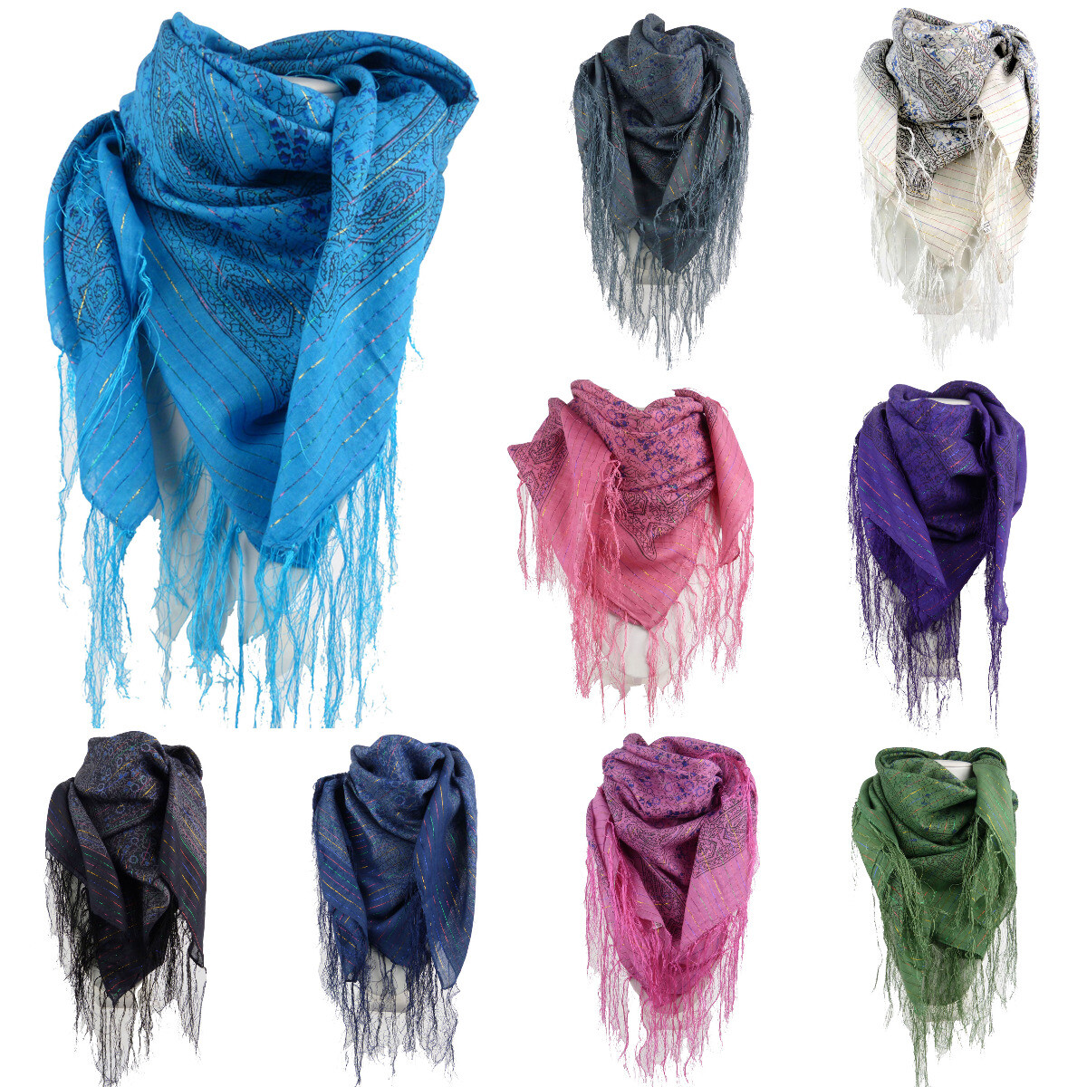 Ladies Sparkly Lurex Thread Paisley Tassels Square Shawl