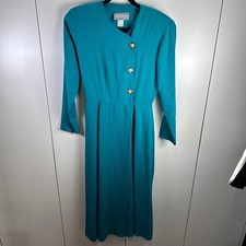 VTG Carol Anderson 4 Teal Button Front Midi Dress Long Sleeve Statement Retro