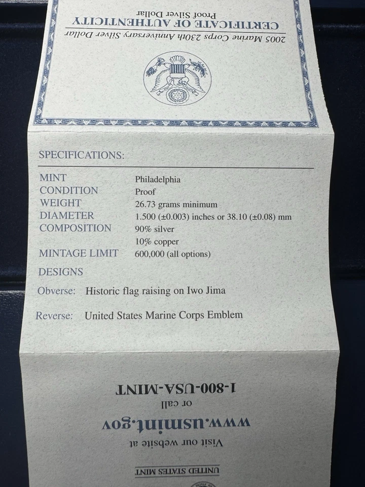 2005 Marine Corp 230th Anniversary U.S. Mint Silver Proof Dollar Coin w/Box - Image 4 of 4