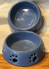 Set of 2 Blue Ceramic 5 Wide Paw Print Cutout Pet Bowls 2 Tall - SPOT Brand