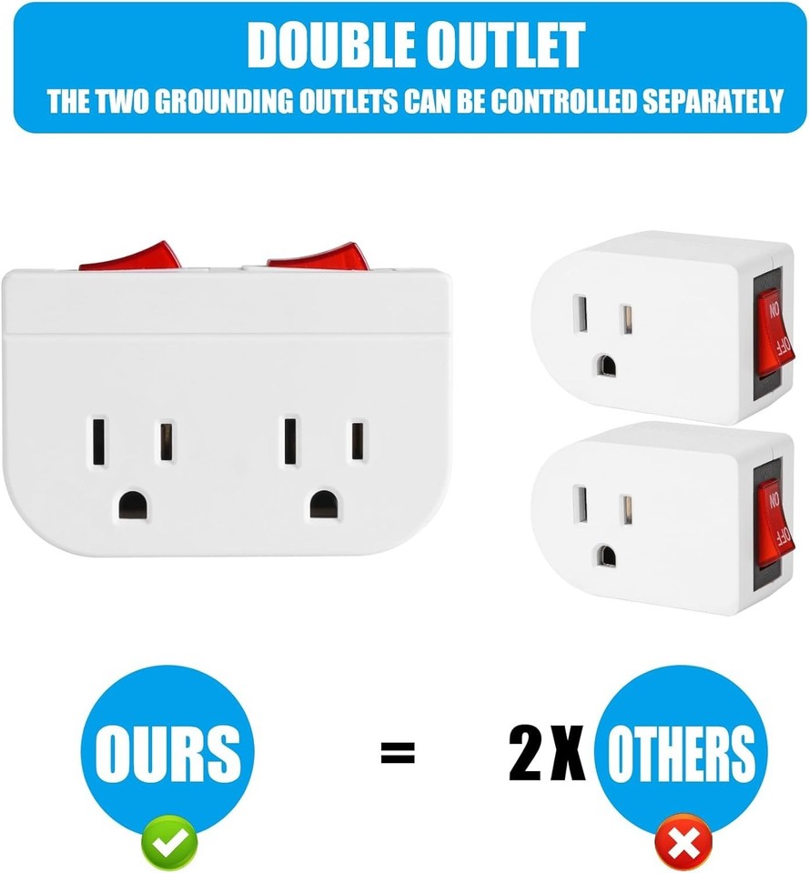 Grounded Outlet Double ON Off Switch 2 Port 15A 1875W Wall Tap Adapter ...