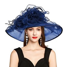 2025 Kentucky Derby Hat for Women Ladies, Organza Veil Feather Classic Blue
