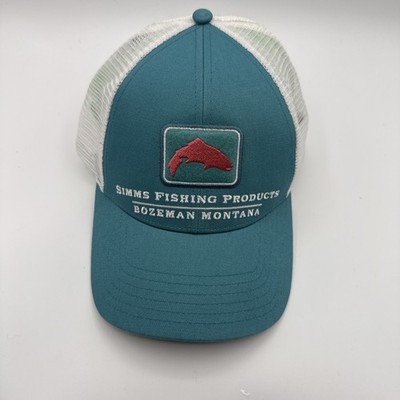 Simms Fishing Products Trucker Hat Teal White Snapback Bozeman Montana Mesh Cap