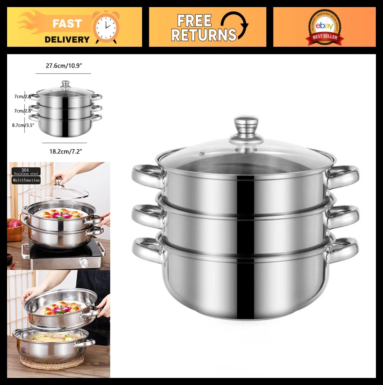 5-Quart Stainless Steel 3-Tier Steamer Pot with Lid for Vegetables, Seafood & Pa