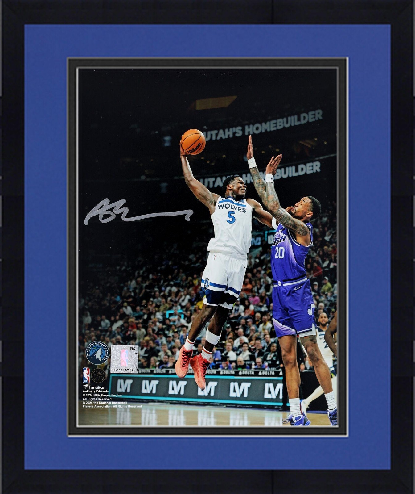 Anthony Edwards Autographed Signed Minnesota Timberwolves Framed 8" x 10" Dunk vs Jazz Photo 