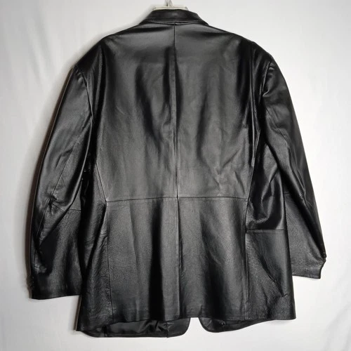 J Ferrar Men's XL Black Genuine Leather Sport Coat Jacket Blazer 54" Soft Y2K  image 2