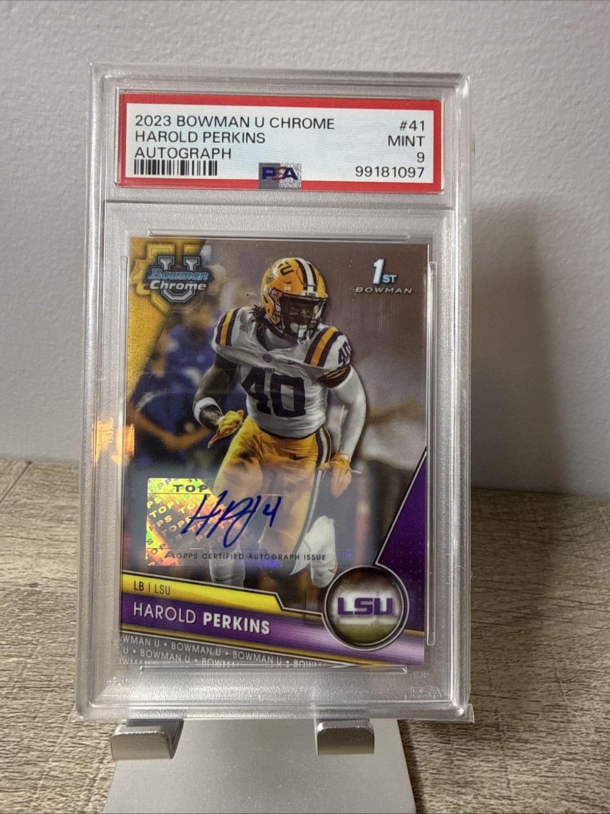 2023 BOWMAN UNIVERSITY CHROME AUTO #41 HAROLD PERKINS PSA 9 LSU TIGERS