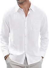 Men's Linen Button Down Shirt - Long Sleeve Casual Beach Summer with Pocket