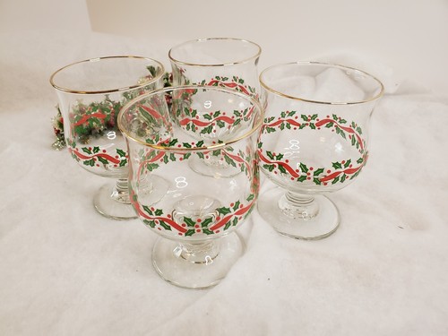 Juego de 4 copas de cóctel vintage de Navidad de 4,5 patas bayas de acebo borde dorado - Imagen 2 de 5