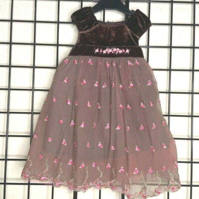 NEW NWT Pink Roses/Brown Velvet Super PLUSH Dress-C'est Chouette 12M-fit 12/24M