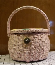 VTG Pink Round Sewing Basket + tray + contents 1970's Lined Japan 9"