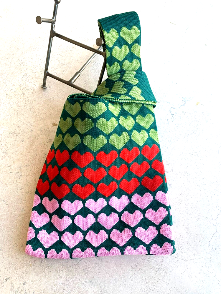 Heavy Knit Tote Bag with Multi-Colored Hearts Print Spacious and Stylish