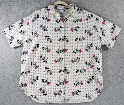 Sunday Comics Button Up Shirt Womens Medium Mickey Mouse Polka Dot Linen/Cotton
