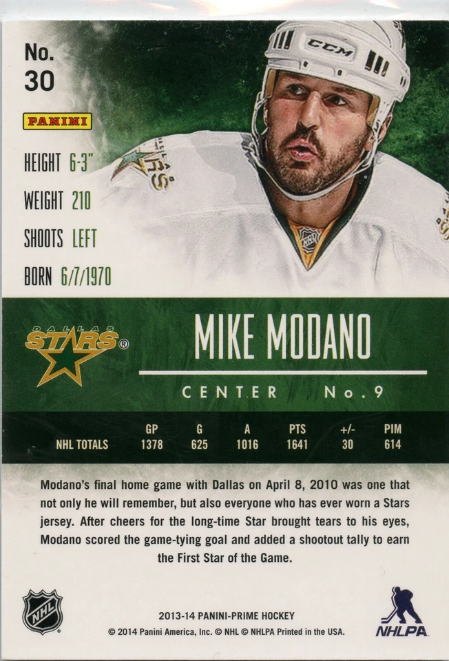  2013-14 Panini Prime #30 Mike Modano 216/299 - Image 2 of 2