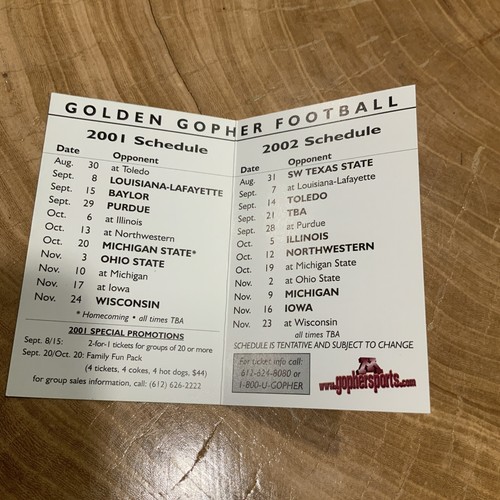Minnesota Gophers Football kombiniert 2001 & 2002 Spielpläne Big 10 NCAA - Bild 2 von 3