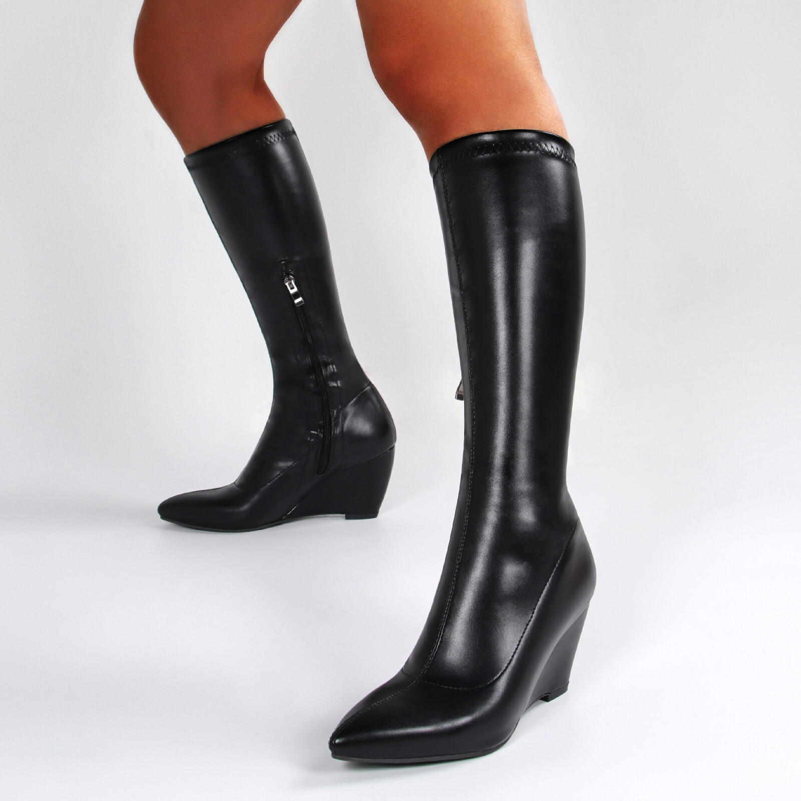 Ladies Zip Wedge Heel Pointed Toe Boots 