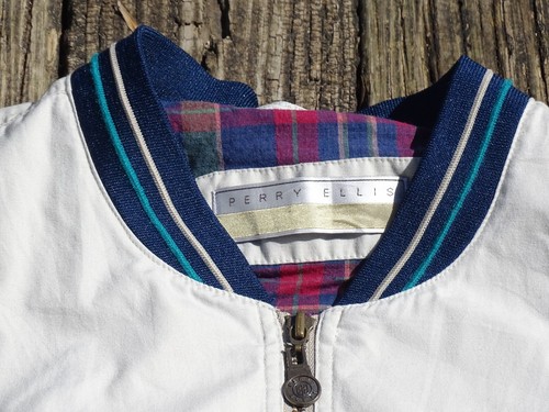 Vintage Perry Ellis Windbreaker Bomber Jacket Full Zip Trim Coat XL Cream Spring - Picture 2 of 7