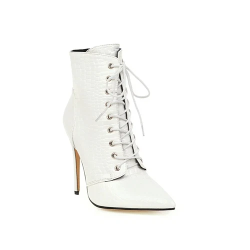 Mujeres Botines Punta Punta Tacones Altos Sexy Bota Corta Con Cordones Talla Grande 46 - Imagen 16 de 19