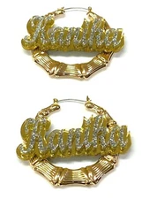 Personalized Custom Gold Bamboo Earrings 2.5" Name Plate Laser Cut Diamond Look
