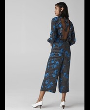 Whistles Kira Spot Floral Silk Wide Leg Jumpsuit Silk Polka Dot Open Back NWOT