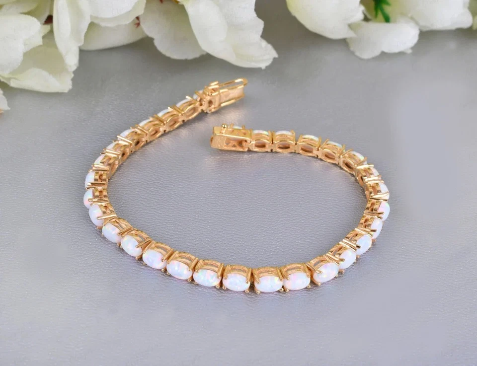 Pulseira de tênis oval 16 quilates de opala de fogo criada em laboratório em ouro amarelo 14K acima de 925-7" - Imagem 2 de 4